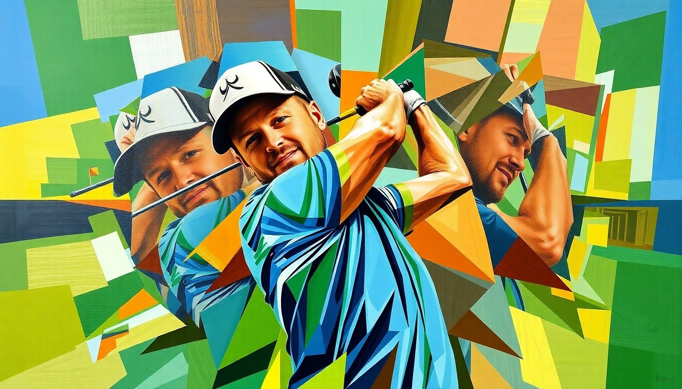 A cubist, geometric painting depicting Tyrrell Hatton's golf swing and approach shots at the Masters, with sharp, overlapping planes of vibrant greens, browns, and blues capturing the energy and precision of his historic performance.
