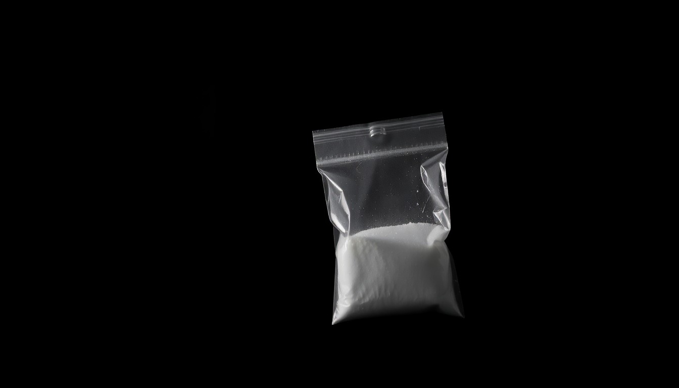 An extreme close-up photograph of a small plastic bag containing white powder, lit by a harsh, direct camera flash against a pitch-black background, conceptually illustrating the discovery of illegal drugs during a traffic stop.