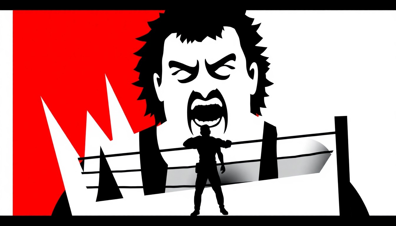 An abstract, minimalist illustration featuring bold, jagged geometric shapes in high-contrast colors like red and white, conceptually representing the comedic and supernatural elements of Danhausen's pro wrestling persona.