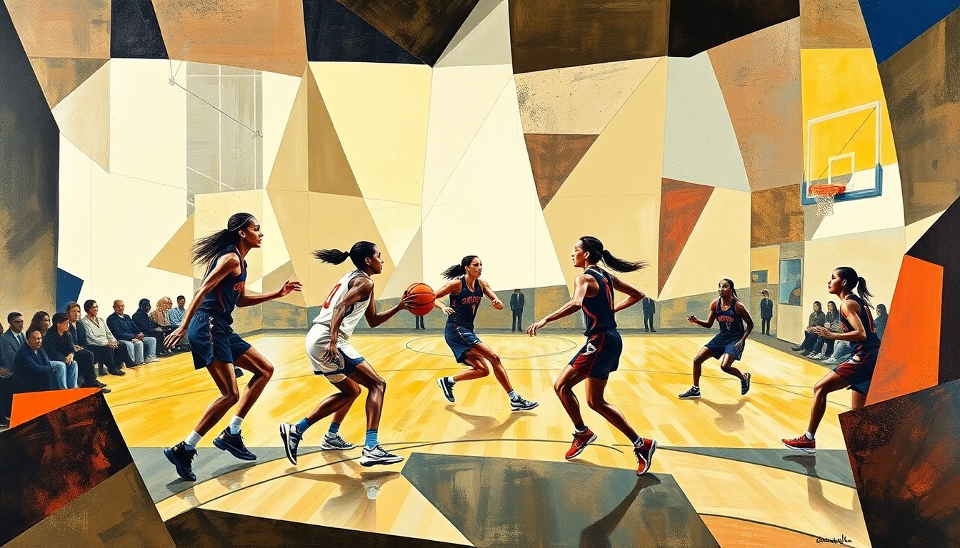A fractured, geometric painting depicting the dynamic movement and energy of a women's basketball game, with the players' figures deconstructed into abstract shapes and forms.