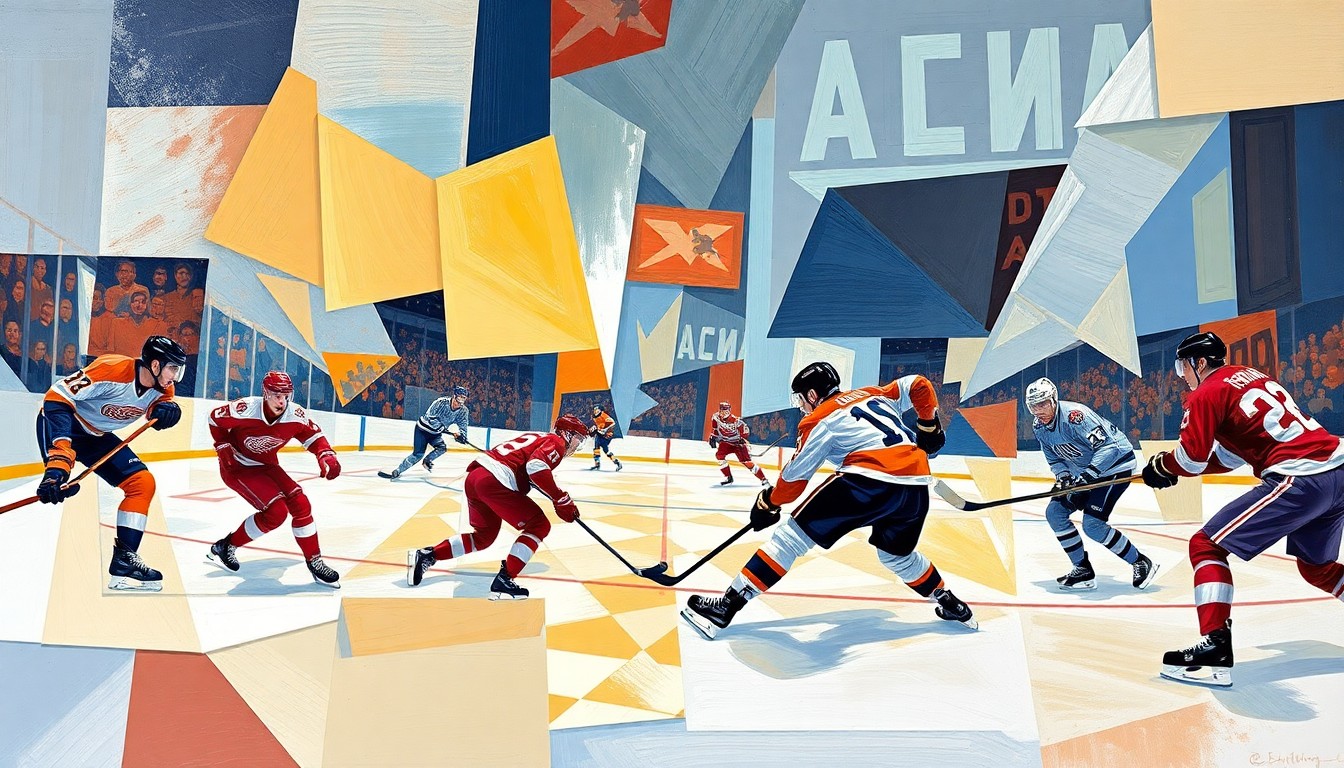 A cubist, geometric painting depicting a hockey game between the Detroit Red Wings and Philadelphia Flyers, with the players' movements and the energy of the game captured through sharp, overlapping planes of color and form.
