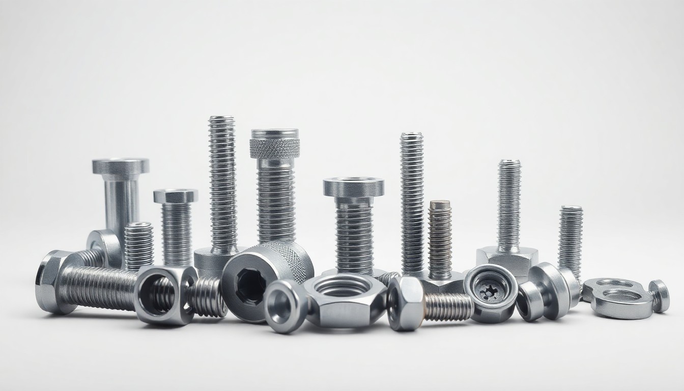 A high-end, photorealistic studio still-life photograph featuring a collection of premium industrial fasteners, including bolts, screws, and washers, arranged elegantly on a clean, monochromatic seamless background, conceptually representing the abstract concepts of industrial strategy, manufacturing, and infrastructure.