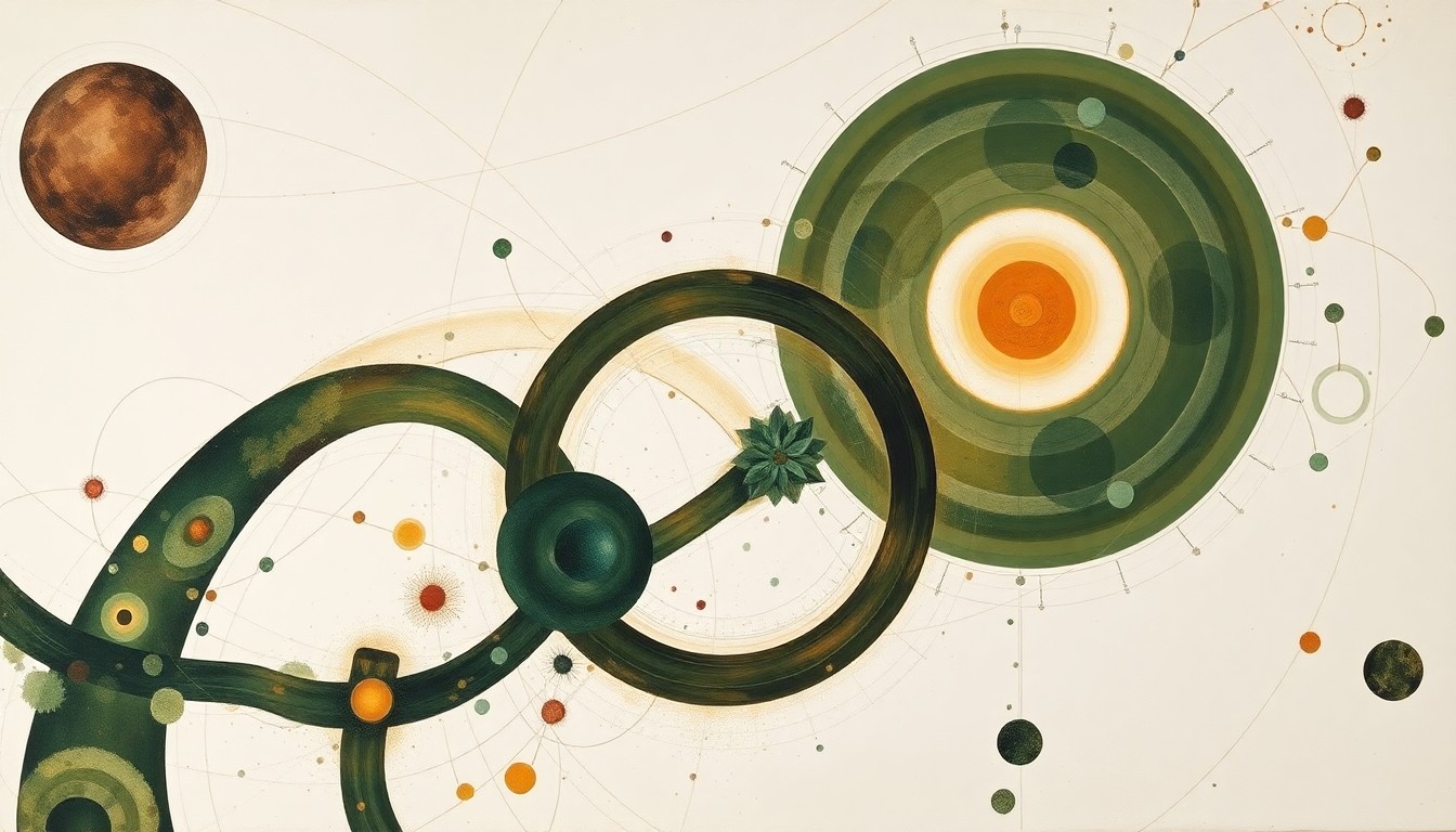 A highly structured abstract painting in soft, earthy tones of green, brown, and blue, featuring sweeping geometric arcs, concentric planetary circles, and precise botanical spirals, conceptually representing the complex scientific forces and interconnected cellular processes studied through single-cell analysis.