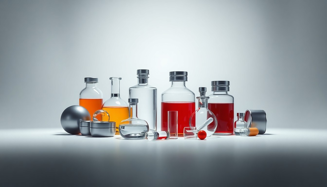 A minimalist, photorealistic studio still life featuring a collection of polished, geometric glass and metal pharmaceutical ingredients arranged elegantly on a clean, monochromatic background, conceptually representing the abstract ideas of pharmaceutical innovation and market growth.