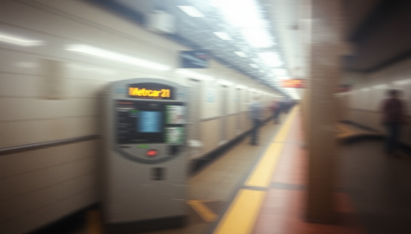An abstract, impressionistic photograph depicting a blurred subway station platform, with the faint outline of a MetroCard vending machine visible in the foreground, conveying a sense of nostalgia and the passing of an era.