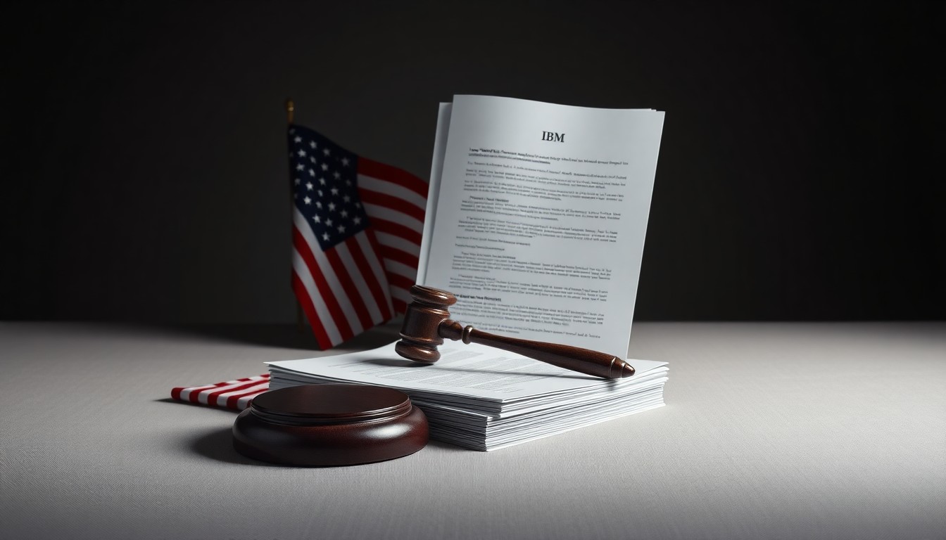 A minimalist studio still life featuring a stack of legal documents, a gavel, and a US flag, symbolizing the corporate legal and regulatory environment surrounding a government enforcement action against a company's diversity practices.