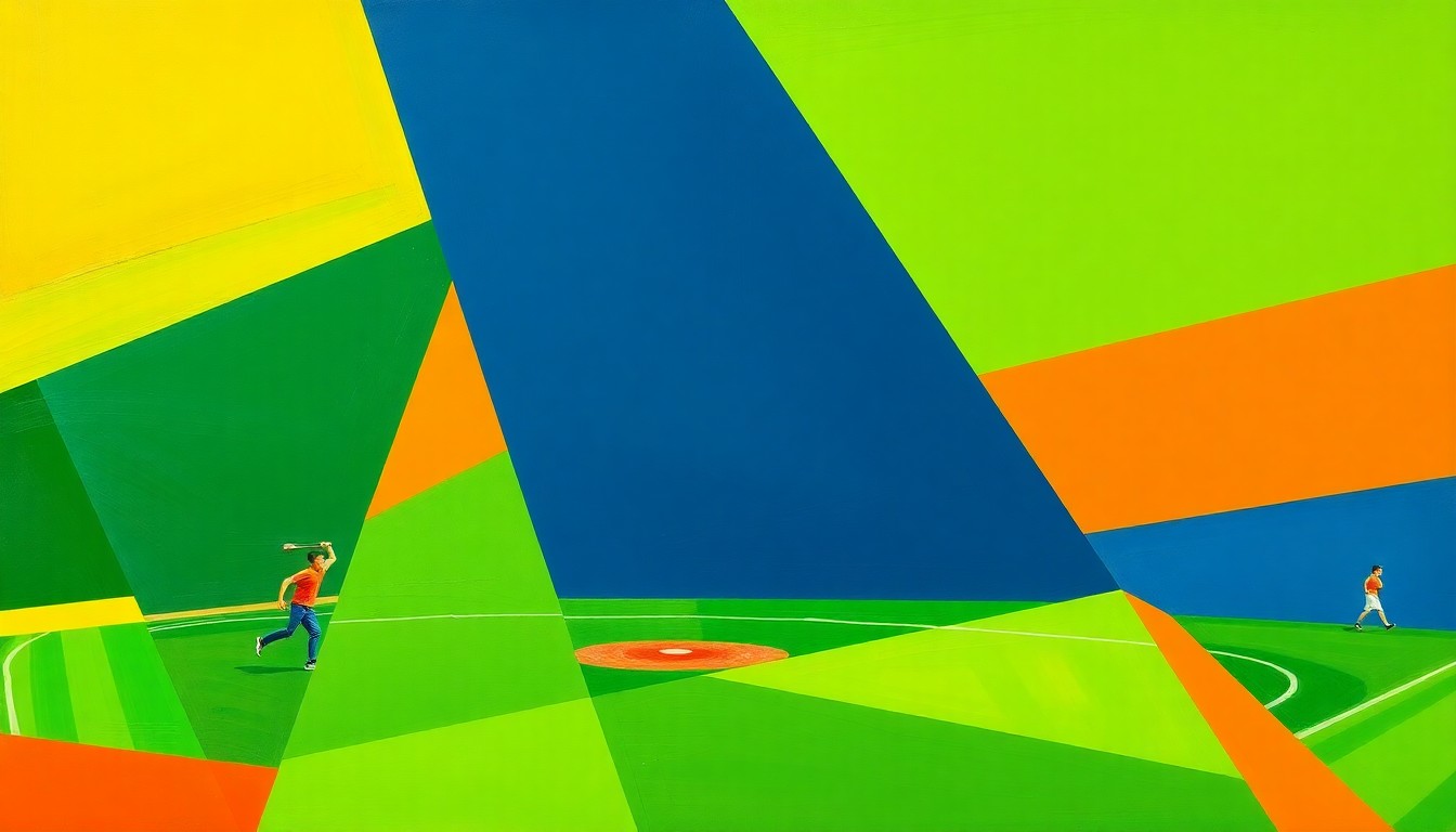 A fragmented, geometric painting in bold colors depicting the movements and energy of a high school sports competition.