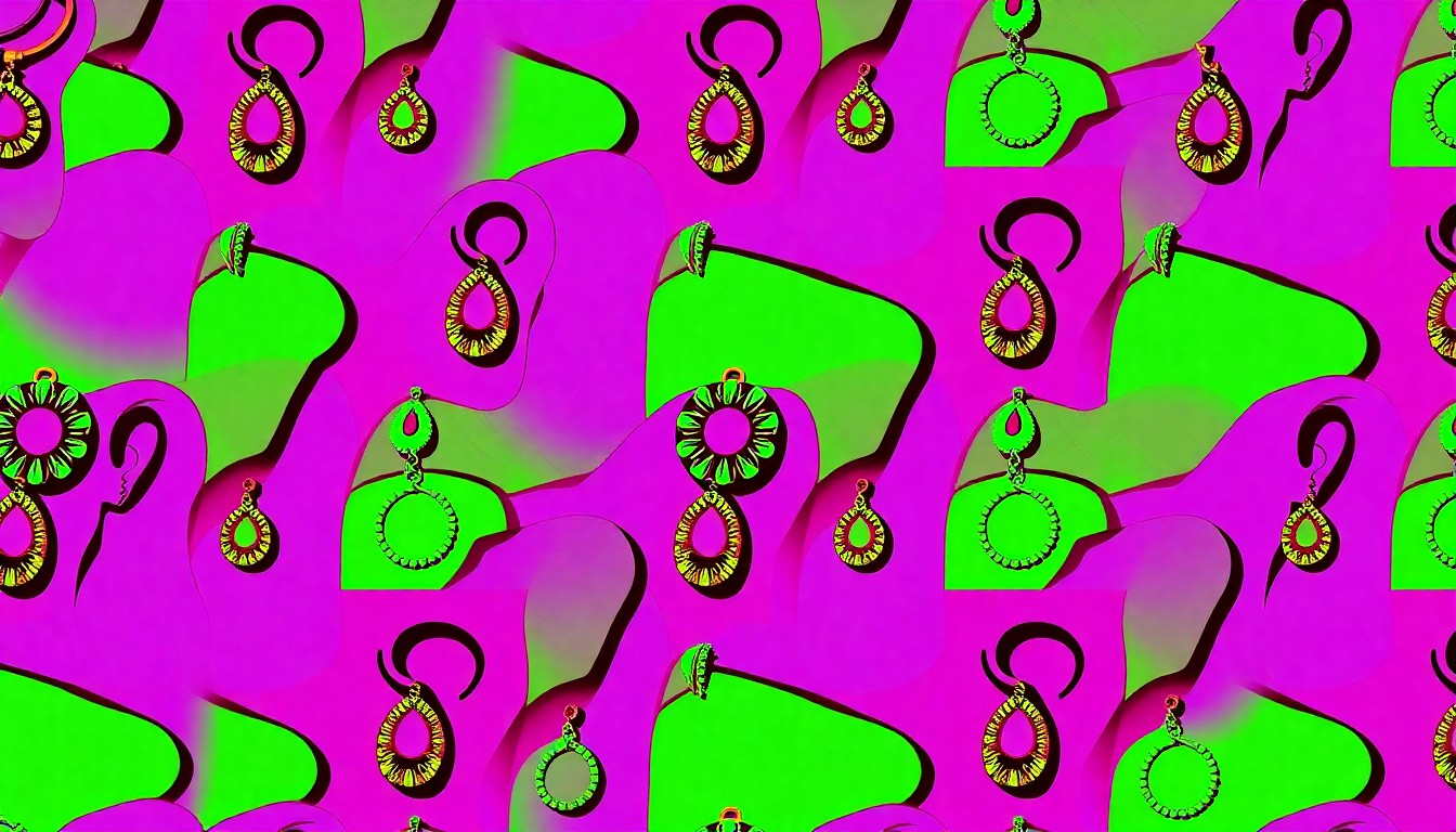 A vibrant, high-contrast silkscreen print featuring a repeated pattern of an ancient ring or pendant in bold, neon colors, capturing the timeless allure of these historic jewels.