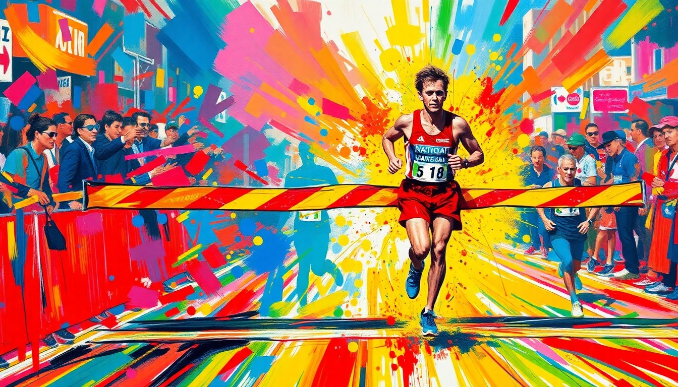 An extreme close-up of a marathon runner's legs and feet, rendered in a vibrant, expressionist style with bold brushstrokes and neon colors, capturing the raw energy and movement of the race.