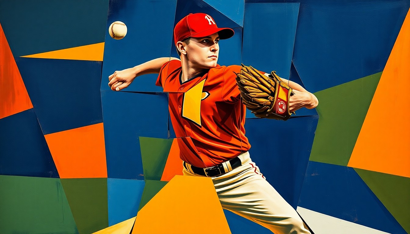 A cubist, geometric painting depicting a baseball pitcher's windup and delivery broken down into overlapping planes of navy blue, burnt orange, and forest green, conceptually representing the fragmented nature of the Tigers' pitching staff and the need for Verlander's full recovery.