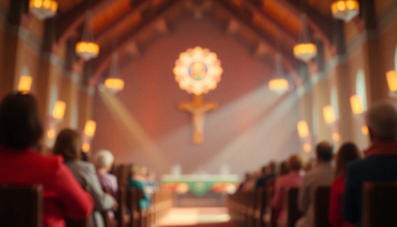 An extremely abstracted, out-of-focus photograph of a church sanctuary, with soft pools of warm yellow, orange, and pink light reflecting the joyful energy of an Easter celebration.