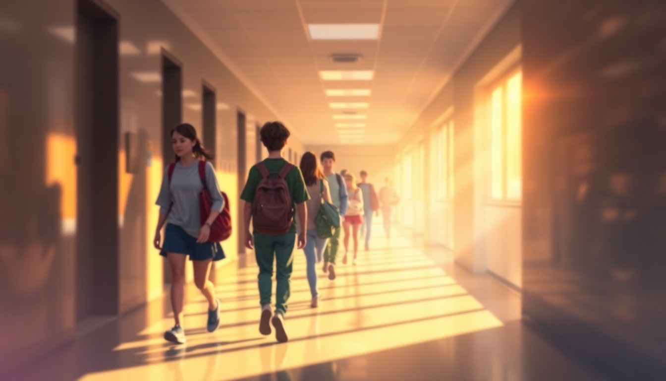 An abstract, impressionistic scene of students moving through a school hallway, with soft, blurred shapes and vibrant splashes of color creating a sense of energy and community.