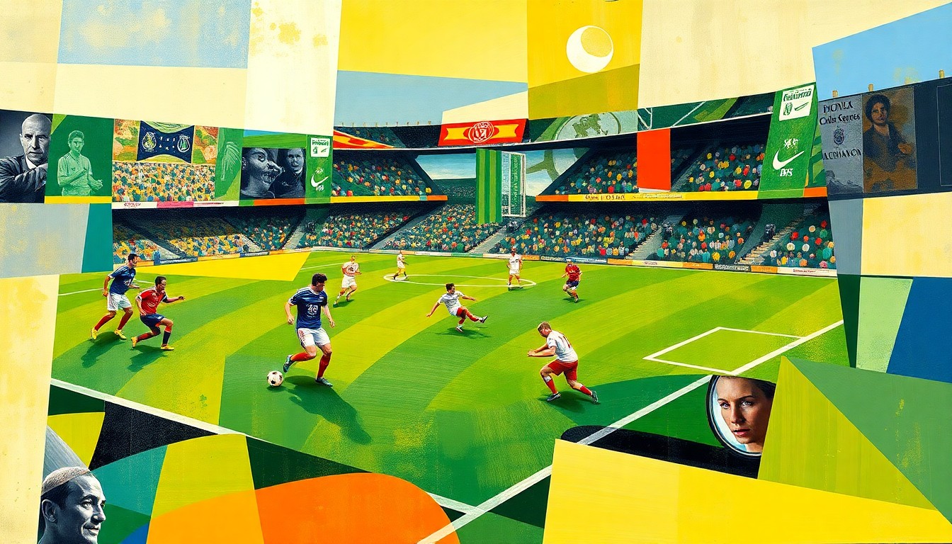 A cubist, geometric painting depicting a soccer match or competition, with the players and field broken down into abstract shapes and planes of color, conveying the shifting dynamics and uncertainty surrounding Christian Pulisic's future at AC Milan.