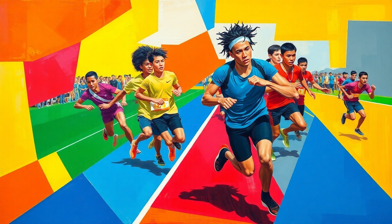 A cubist-style painting featuring fragmented, overlapping geometric shapes in bright primary colors, capturing the dynamic motion and energy of a high school track and field competition.