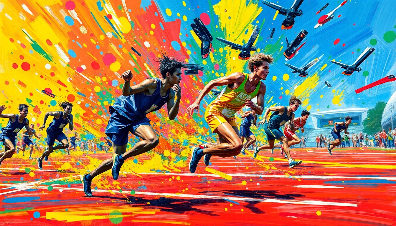 A vibrant, expressionistic painting capturing the raw energy and motion of a high school track and field competition, with figures and details dissolving into colorful brushstrokes.