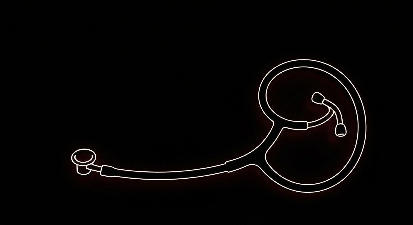 A minimalist neon outline of a stethoscope against a dark background, representing the active energy and urgency of healthcare reform in Oregon.