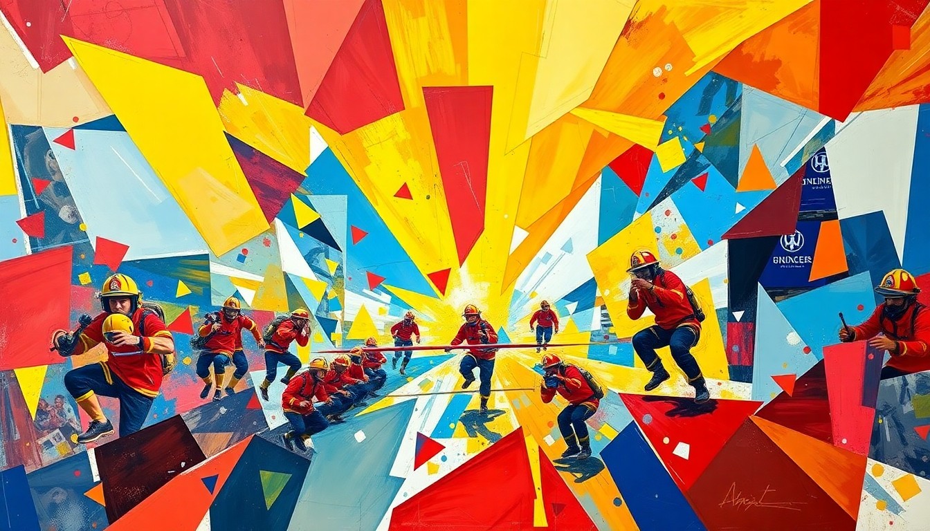 A fragmented, geometric painting depicting a firefighter obstacle course competition, with sharp planes of red, yellow, and blue capturing the dynamic energy of the event.