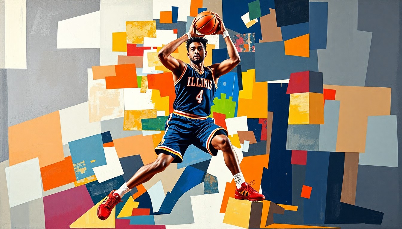 A cubist, geometric painting depicting the fragmented movements of a basketball player, rendered in the official colors of the Illinois Illini team.