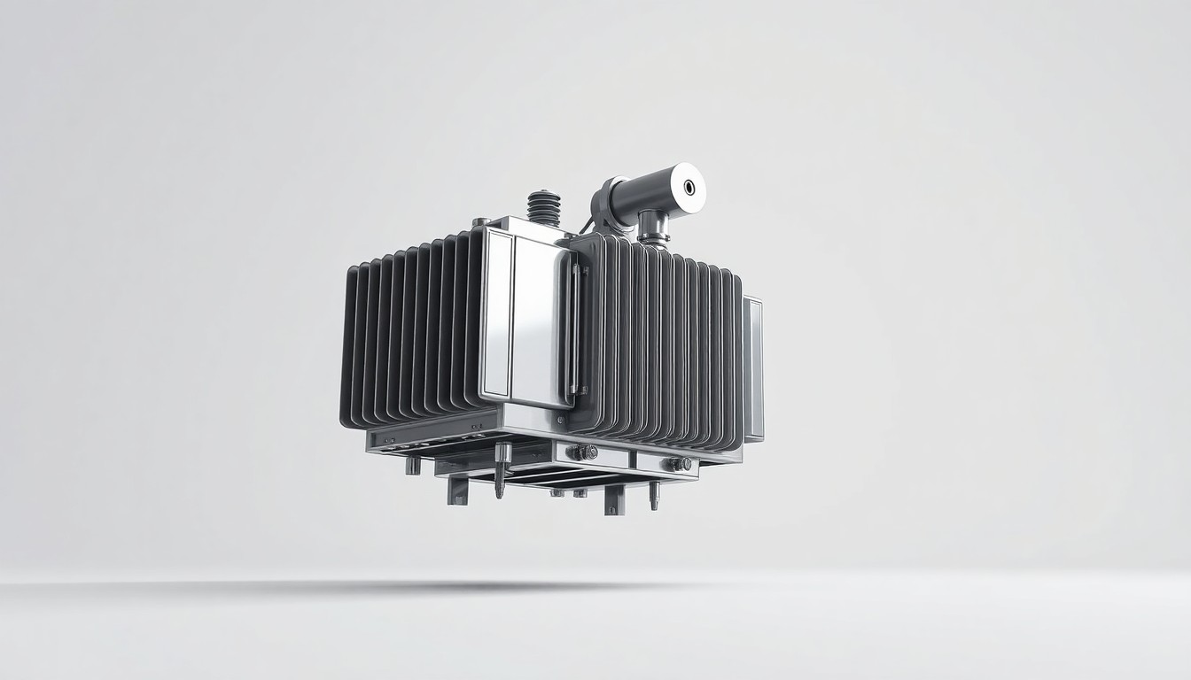 A photorealistic studio still-life of a polished, chrome-plated industrial transformer component floating on a clean, monochromatic background, conveying a sense of power and potential danger through dramatic lighting and shadows.
