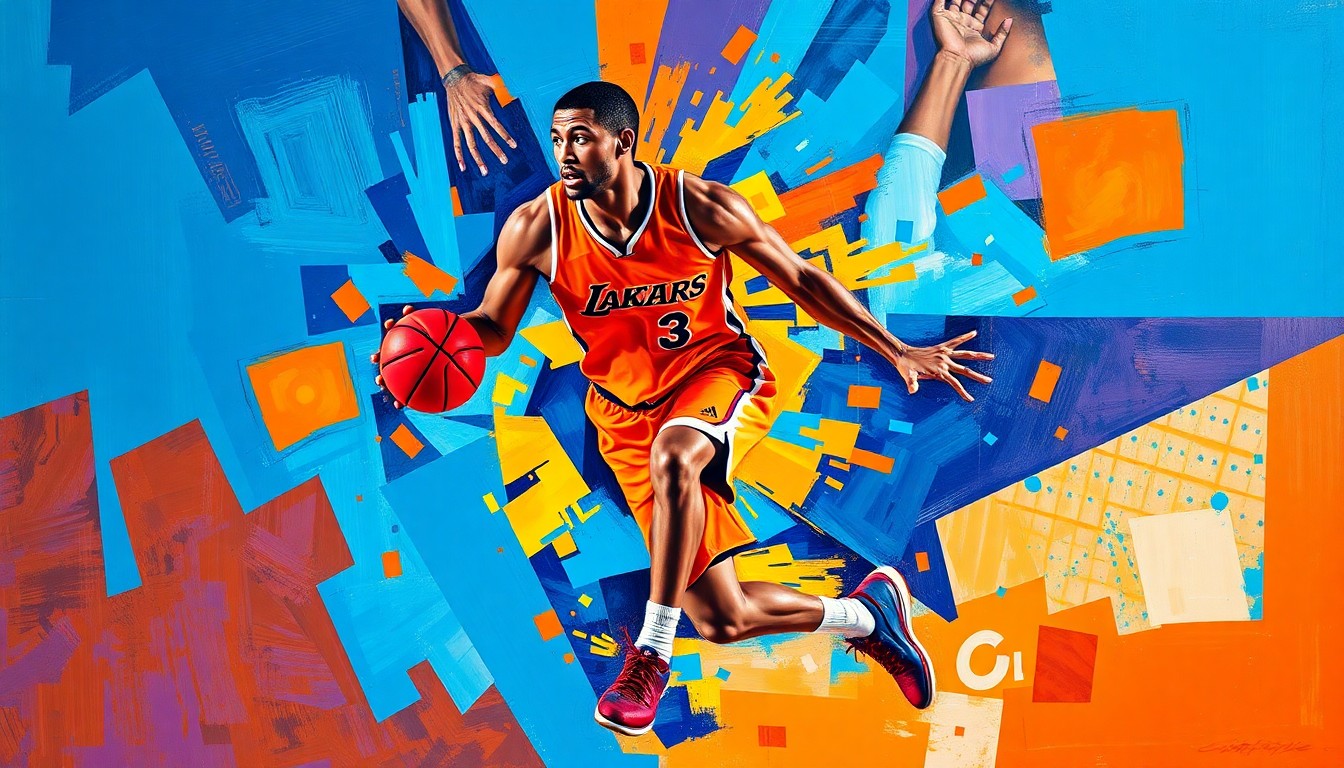 A cubist-style painting depicting a basketball player's movements broken down into sharp, overlapping geometric shapes in vibrant colors, conceptually representing the dynamic play of a talented guard.