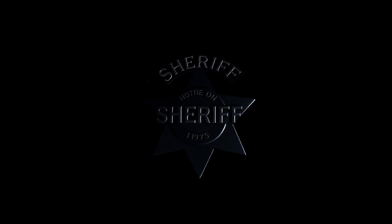An extreme close-up of a sheriff's badge reflecting a harsh, direct camera flash, conceptually representing the solemn passing of a respected law enforcement leader.