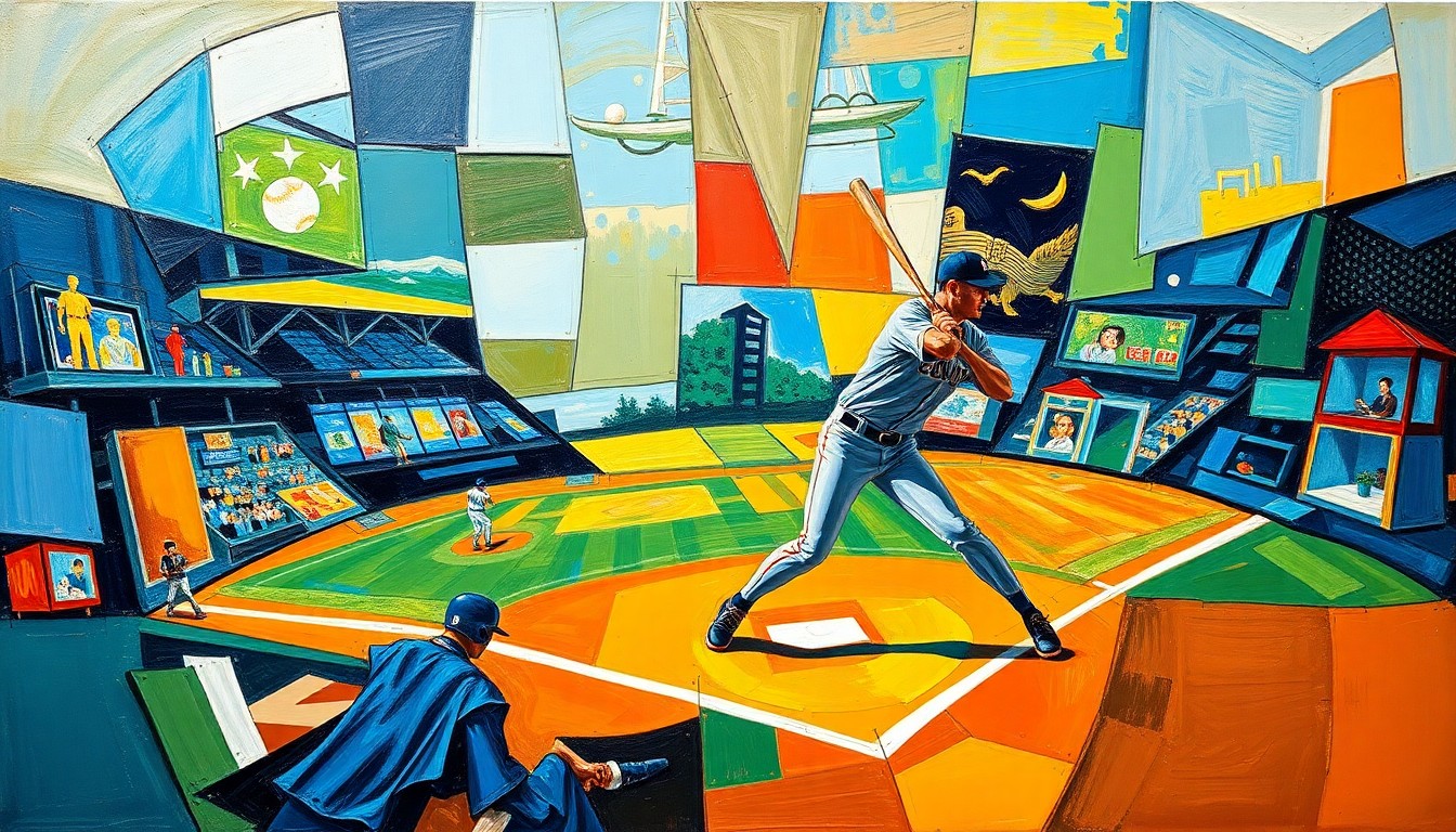 A cubist, geometric painting depicting a fractured baseball game or pitching motion, with sharp, overlapping planes of vibrant colors like deep blues, earthy greens, and fiery oranges.