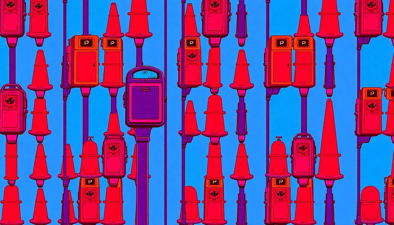 A brightly colored, high-contrast silkscreen print of a repeating grid of stylized parking meters and bike racks, conceptually representing the urban infrastructure changes proposed for Medford's Main Street redesign.