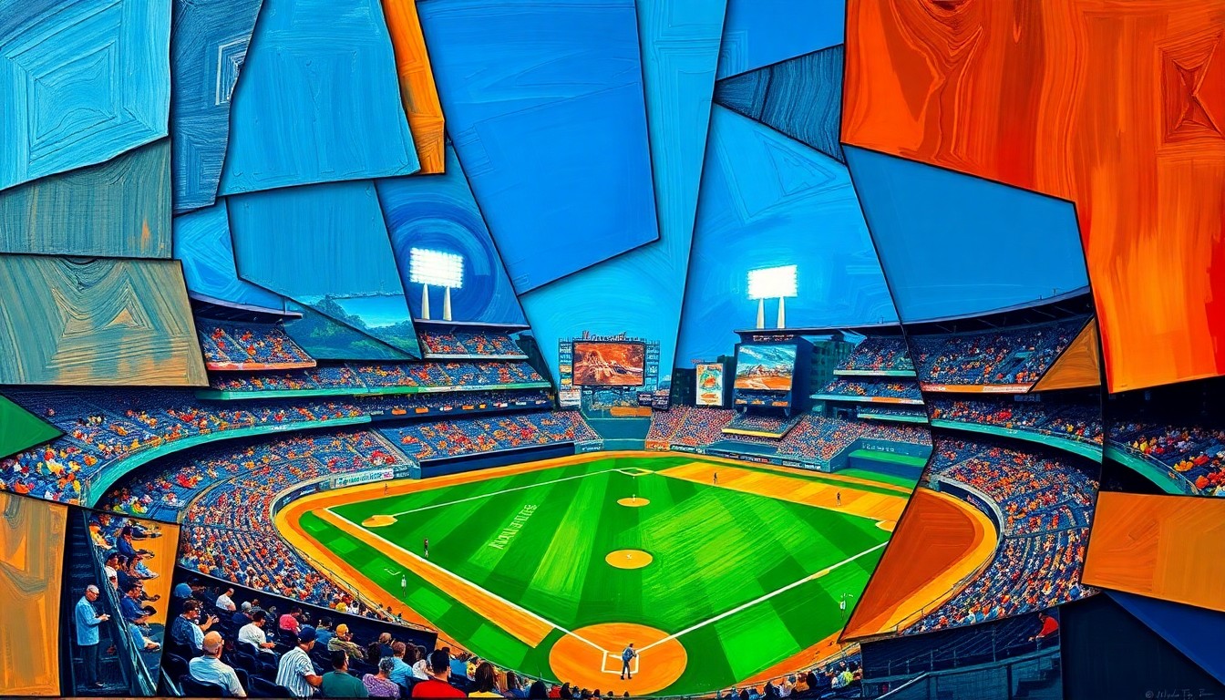 A fractured, multi-perspective painting in bold, vibrant colors, breaking down a baseball scene into sharp, overlapping geometric planes in the style of Pablo Picasso, conceptually representing the complex offseason decisions facing MLB teams.