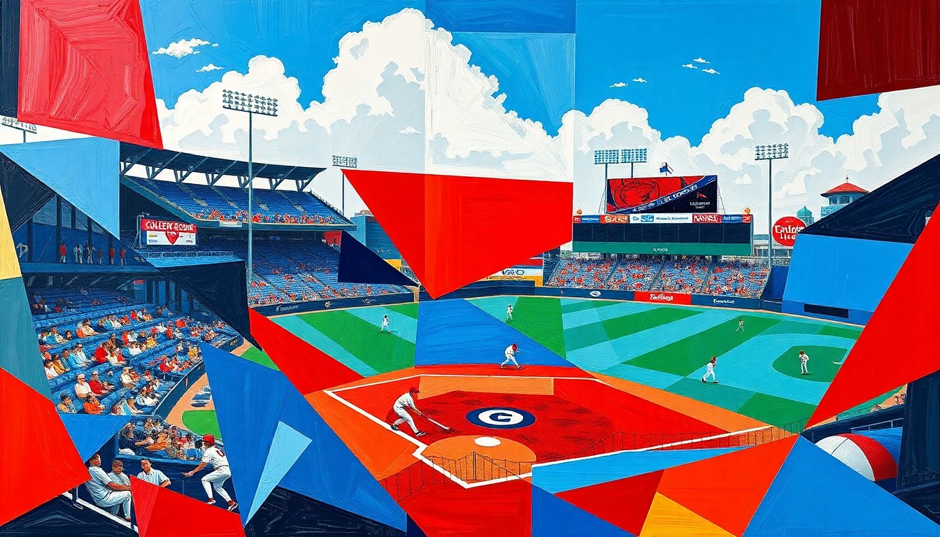 A cubist-style painting depicting a college baseball game, with the players and field abstracted into sharp, overlapping geometric shapes in vibrant blue, red, and white colors, conveying the dynamic energy of the game.