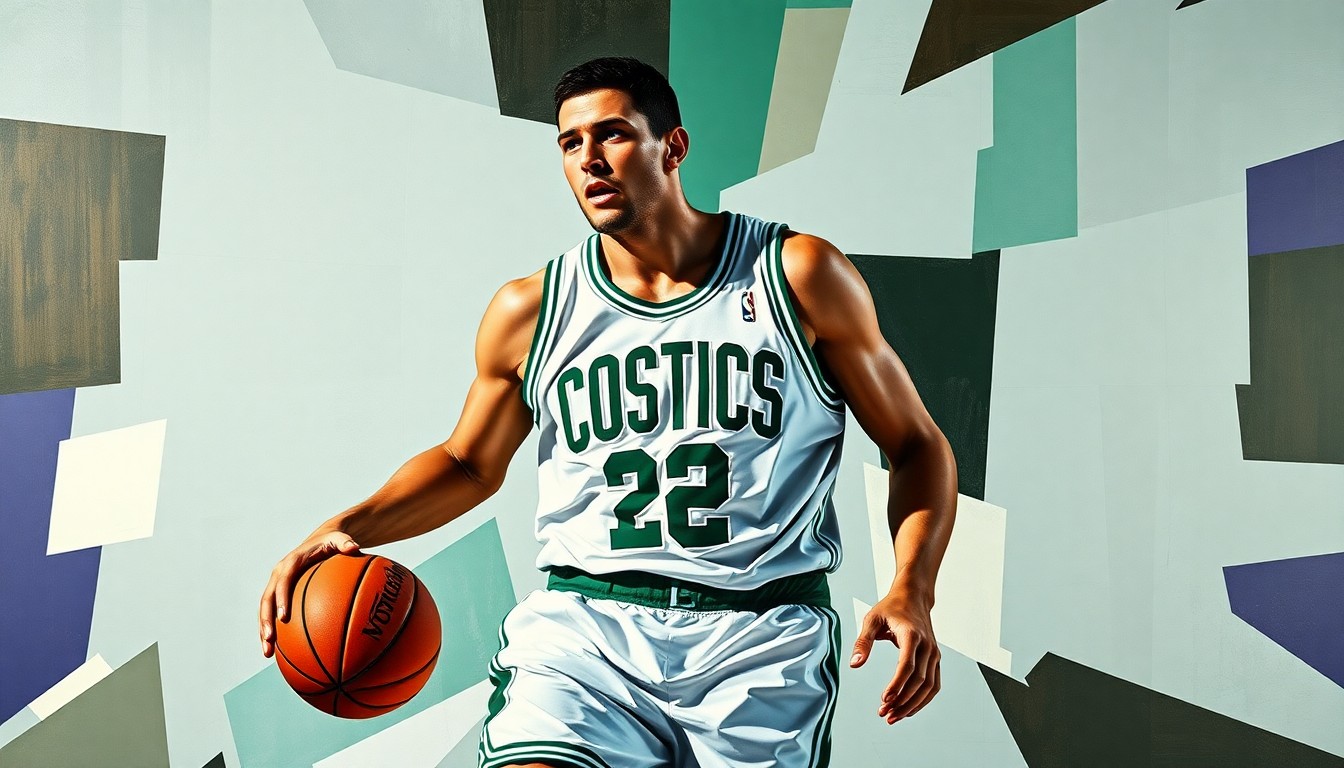 A cubist-style painting depicting a basketball player's movements broken down into sharp, geometric shapes in shades of green and white, representing the Boston Celtics' colors.