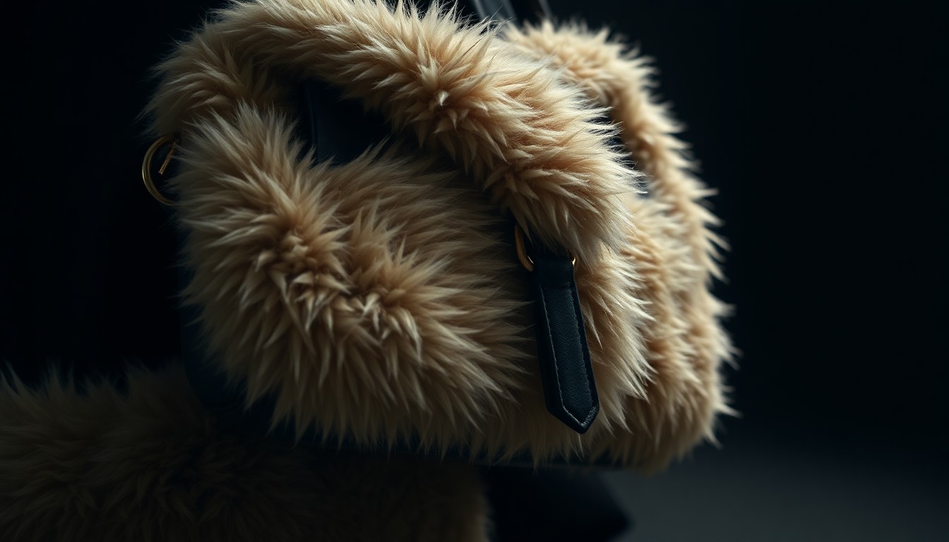 An abstract, high-contrast close-up photograph of a plush, textured shearling bag, capturing the glamorous, high-fashion aesthetic of Moncler's Western-inspired accessories.