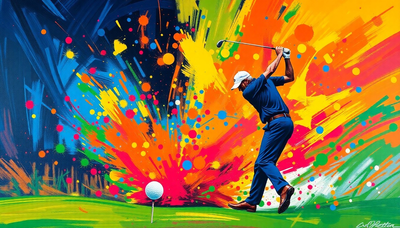 An abstract, expressionist painting in vibrant neon colors, featuring a blurred, dissolving golf ball and the silhouette of a golfer, conveying the energy and tension of a wayward tee shot and the fragility of athletic legacy.