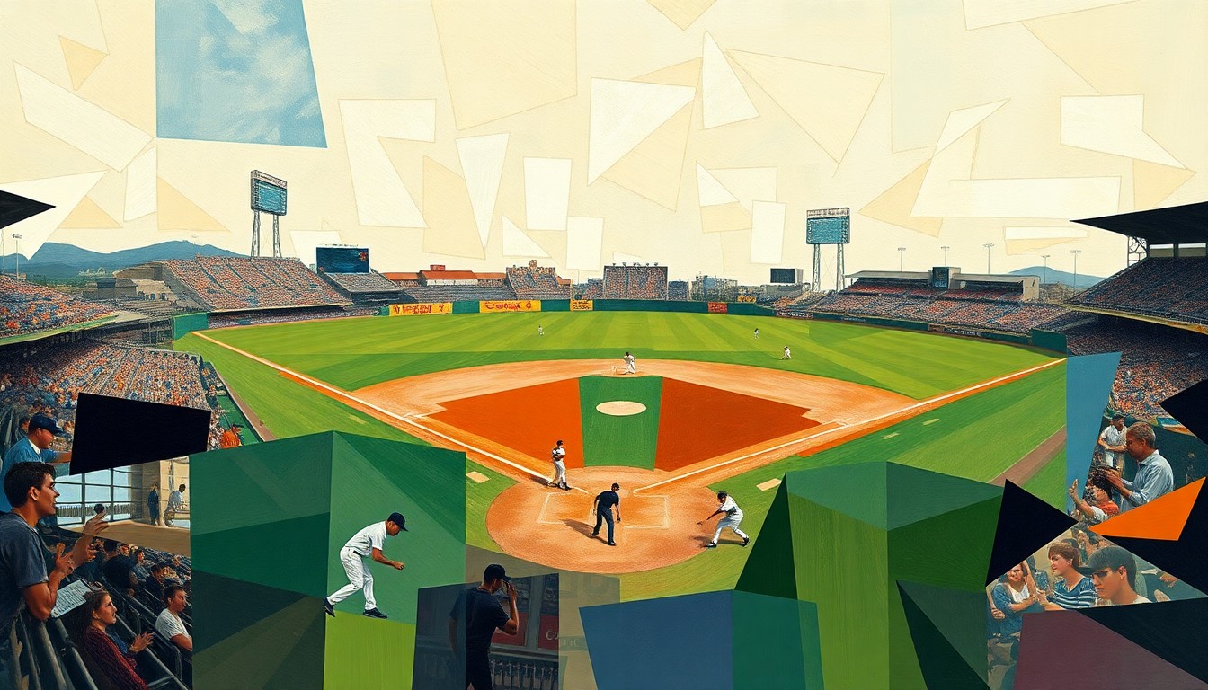 A cubist, geometric painting depicting a baseball game or match, with the players and field broken down into abstract shapes and planes of color, capturing the dynamic energy of the sport.