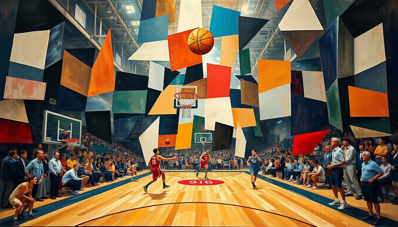 A cubist-style painting depicting a basketball game broken down into overlapping geometric shapes and planes, conveying the complex financial and roster decisions behind the Magic's trade.