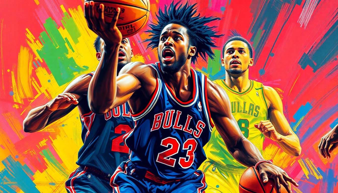 An abstract, expressionist painting in neon colors depicting a basketball player driving forcefully to the hoop, their face and jersey blurred into energetic brushstrokes, conveying the intensity and determination of the player's performance.