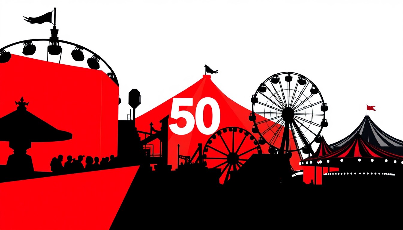 A bold, graphic composition of stark black silhouettes and high-contrast red and white geometric shapes, abstractly representing the thrilling rides and festive atmosphere of a 50th anniversary celebration at an amusement park.