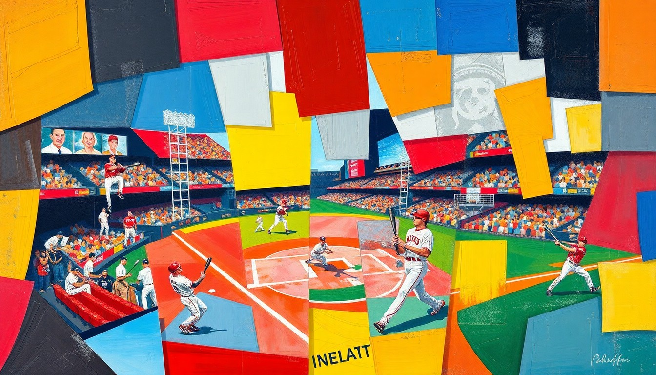 A cubist, geometric painting depicting baseball players in motion, with sharp, overlapping shapes and vibrant colors representing the energy and dynamics of the game.