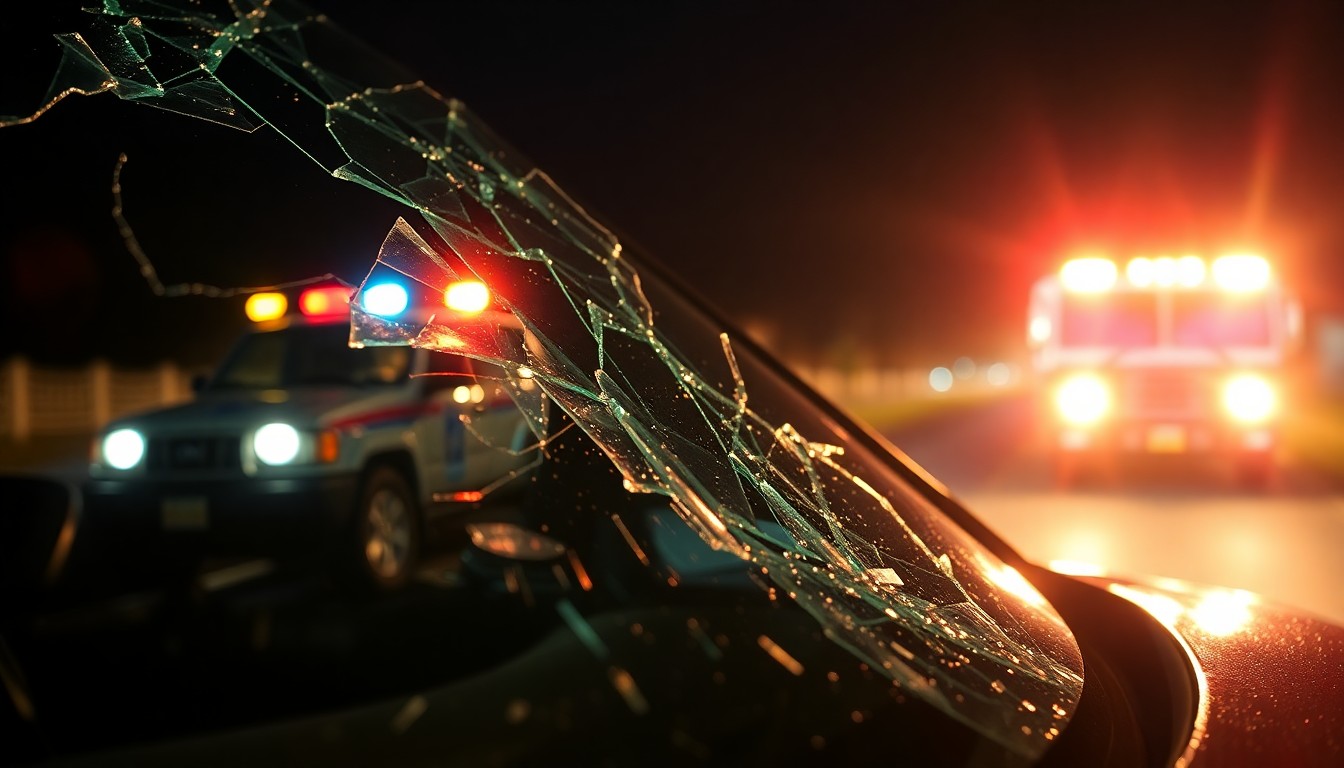 An extreme close-up photograph of a shattered car windshield reflecting the flashing lights of emergency vehicles, conceptually illustrating the aftermath of a fatal car crash in a rural area.