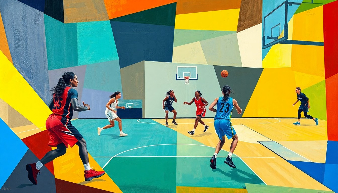 A cubist, geometric painting depicting the dynamic movements and energy of a women's basketball game, with the players and court rendered in a fractured, multi-perspective style.
