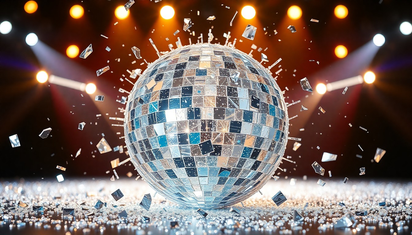 An abstract close-up image of shimmering, jagged glass shards reflecting bright stage lights, conveying the glamorous, high-energy atmosphere of a major wrestling event.