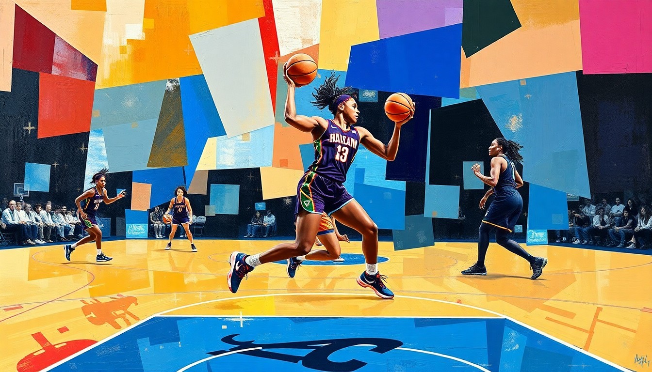 A fractured, cubist-style painting depicting the dynamic movements and actions of a basketball player on the court, with sharp geometric shapes and planes overlapping to create a sense of motion and energy.