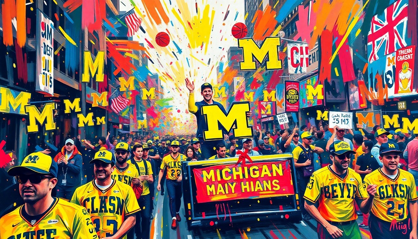 An abstract expressionist painting in neon colors, with rapid brushstrokes capturing the dynamic movement and celebratory atmosphere of a sports victory parade.