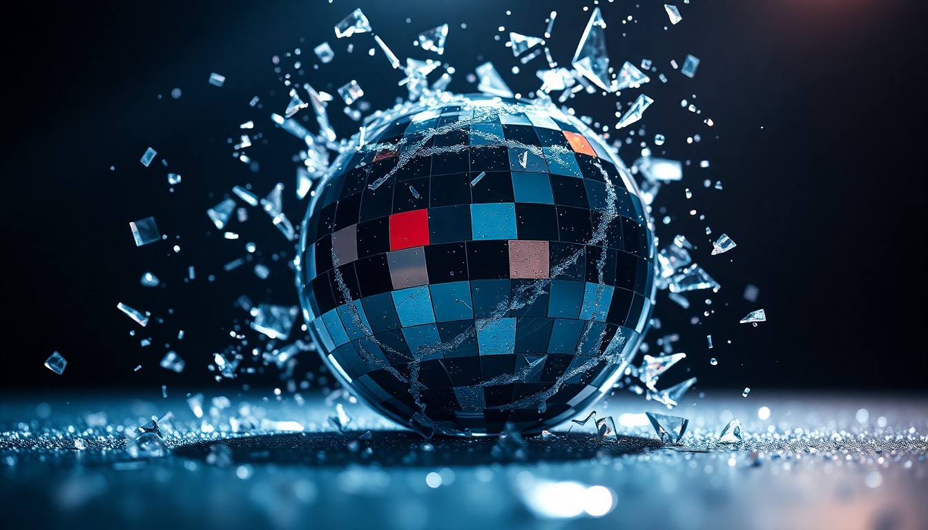 An extreme close-up photograph of shattered glass reflecting bright, colorful lights, conceptually representing the intense, high-energy essence of electronic dance music.