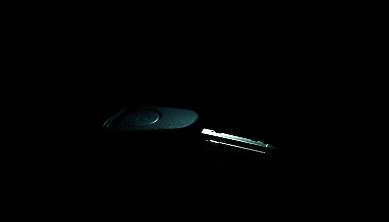 An extreme close-up of a car key reflecting a harsh, direct camera flash, conceptually illustrating the investigation into a stolen vehicle trafficking operation.
