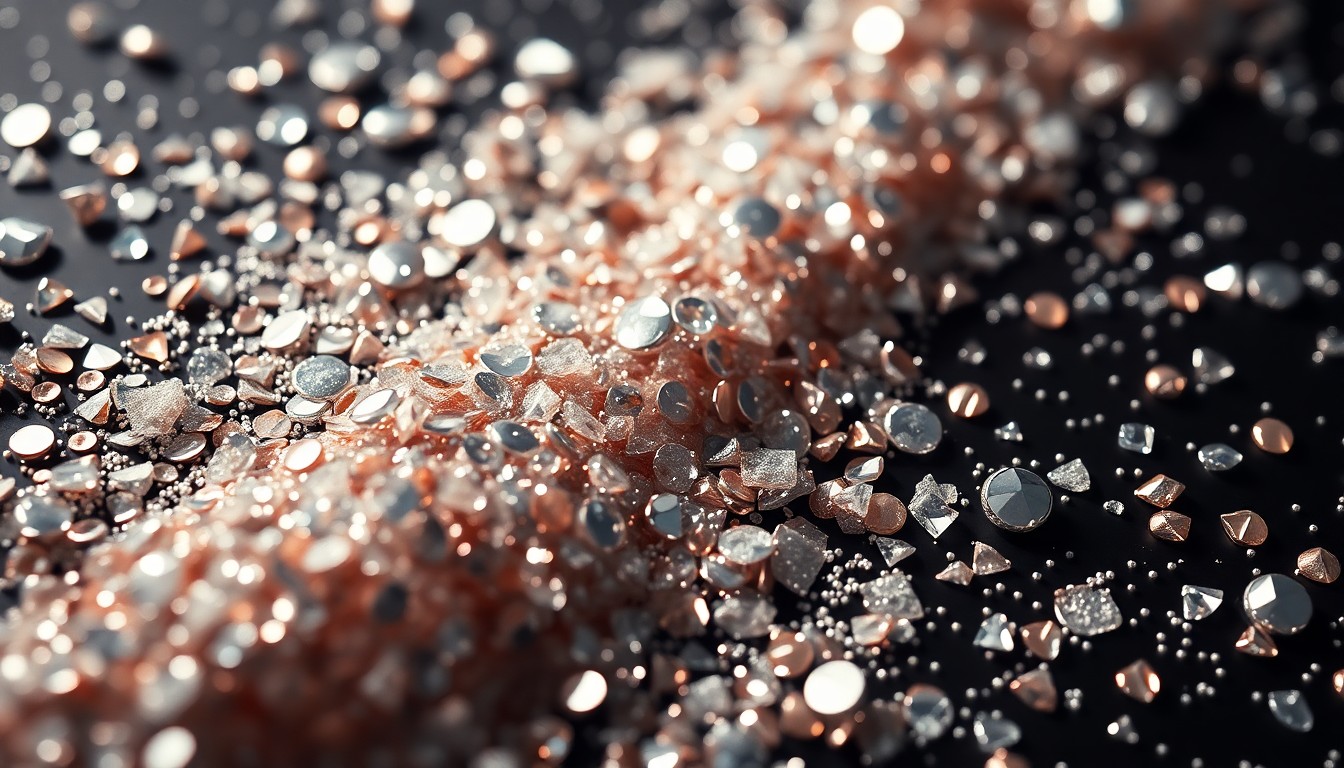 An abstract close-up photograph of shimmering sequins and shattered glass, capturing the glitz and glamour of Sabrina Carpenter's Coachella set.