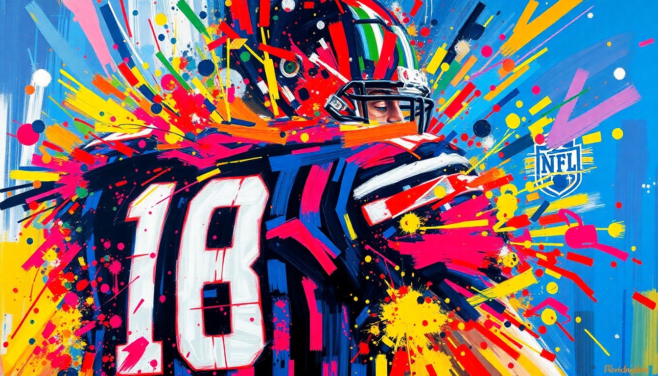 An abstract expressionist painting in neon colors, with rapid brushstrokes and splatters of paint capturing the raw emotion and energy of an NFL draft selection.