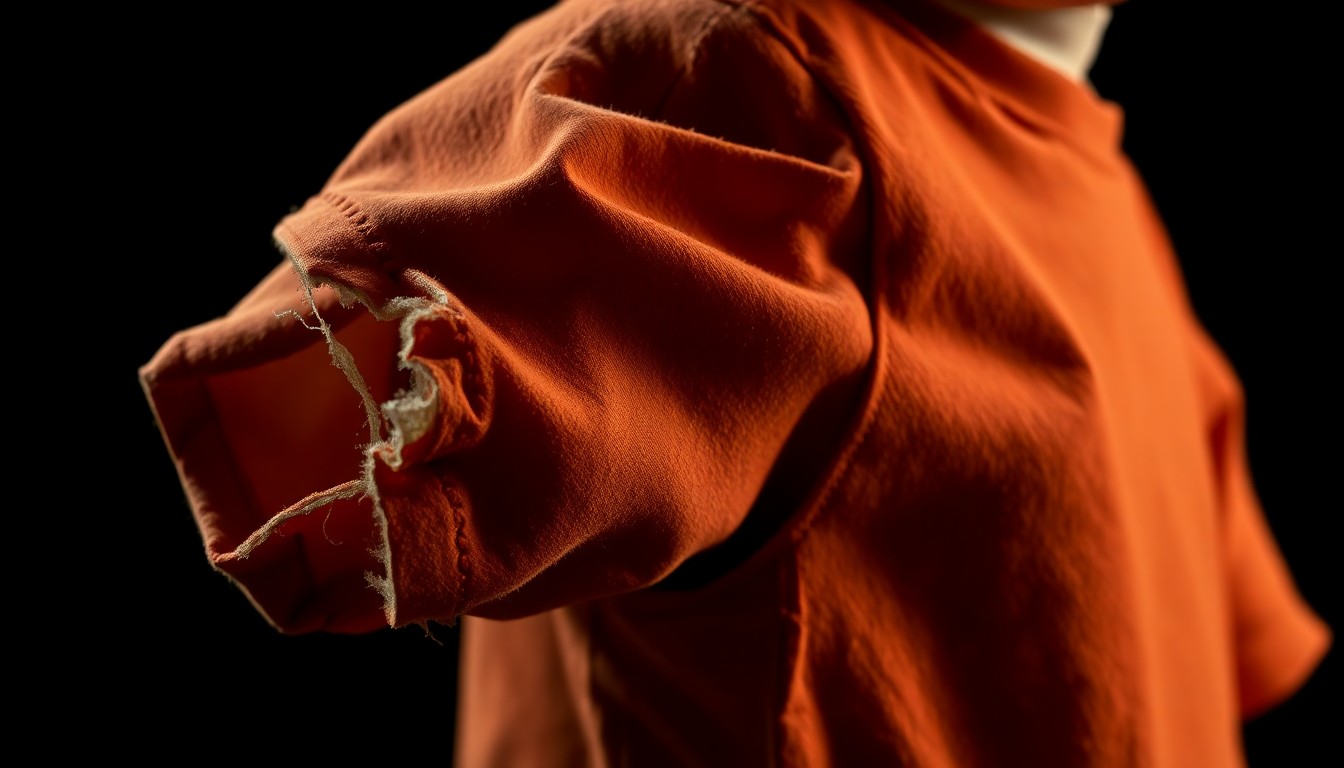 An extreme close-up photograph of a torn, dirty child's shirt sleeve with visible teeth marks, lit by a harsh, direct camera flash against a pitch-black background, conveying the disturbing aftermath of a dog attack.