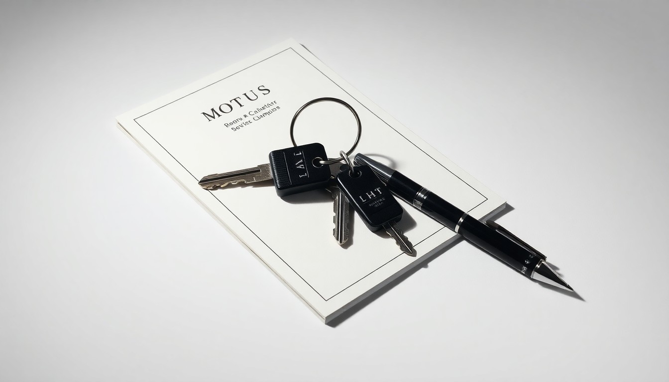A minimalist studio still life photograph featuring a stack of hotel room keys, a hotel room service menu, and a hotel-branded pen arranged on a clean, monochromatic background, conceptually representing the abstract corporate strategy and financial tensions between the Fontainebleau Hotel and its condo owners.
