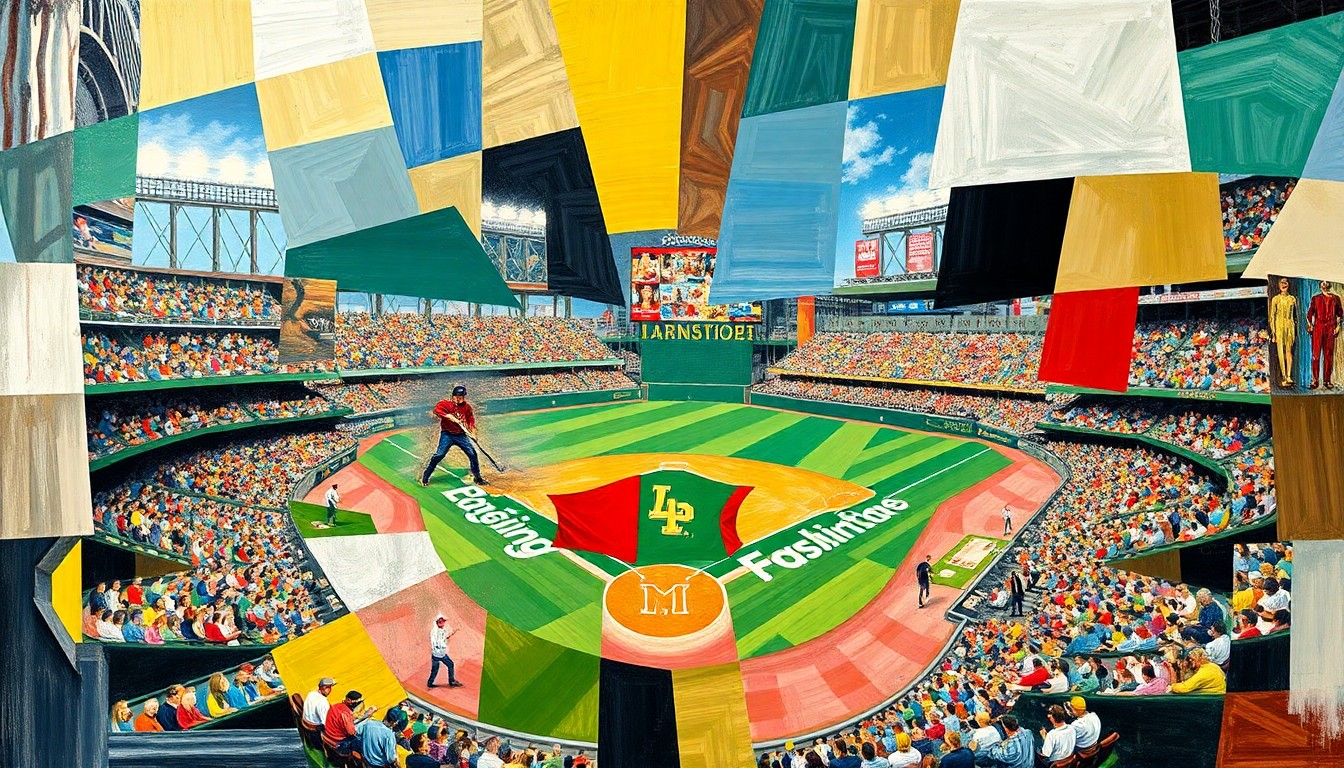 A fragmented, geometric painting depicting various baseball elements like players, bats, and balls in an abstract, deconstructed style.