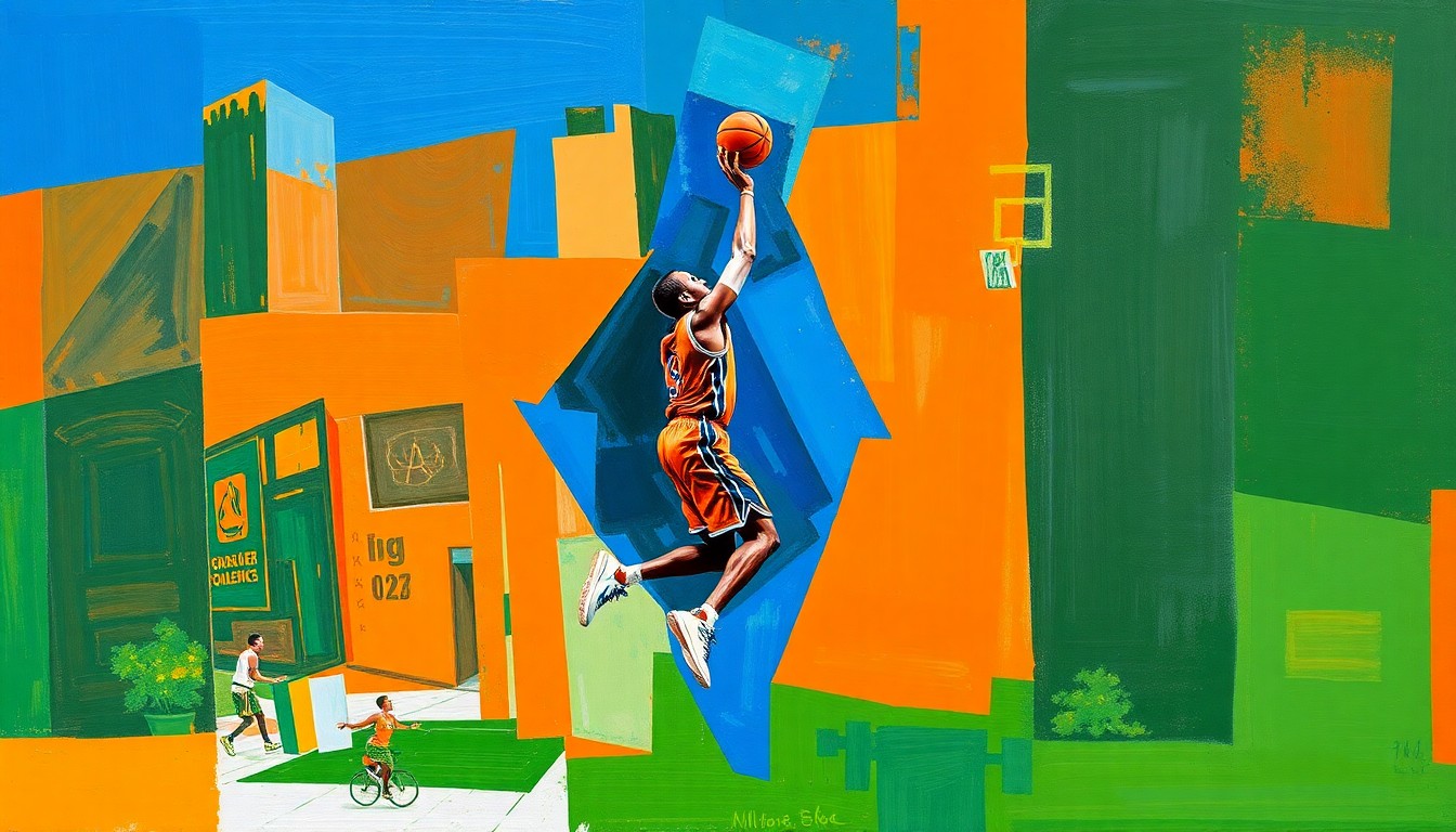 A fragmented, geometric painting depicting the movements and jump shot of a basketball player, rendered in a cubist style with bold, clashing colors.